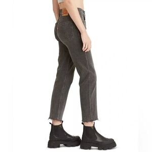 Levi's 501 High Rise Straight Crop Raw Hem Button Fly Washed Black Size 27